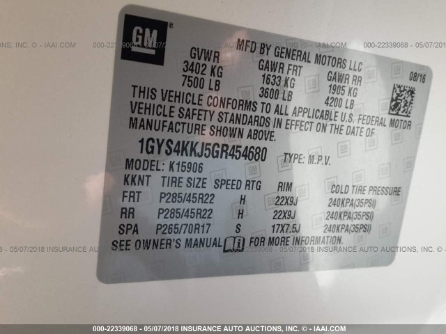1GYS4KKJ5GR454680 - 2016 CADILLAC ESCALADE ESV PLATINUM თეთრი ფოტო 9