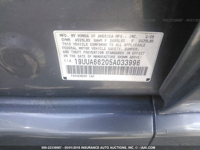 19UUA66205A033996 - 2005 ACURA TL GRAY photo 9