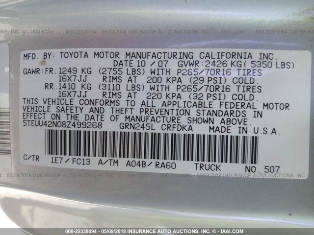 5TEUU42N08Z499268 - 2008 TOYOTA TACOMA ACCESS CAB Unknown photo 9