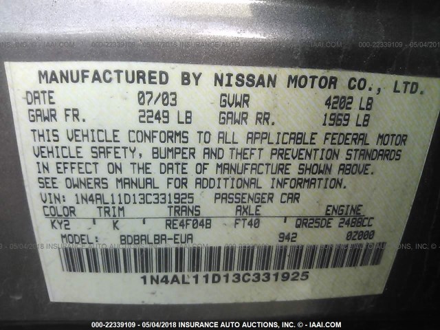 1N4AL11D13C331925 - 2003 NISSAN ALTIMA S/SL TAN photo 9