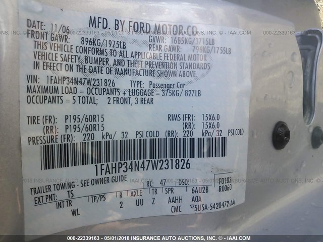 1FAHP34N47W231826 - 2007 FORD FOCUS ZX4/S/SE/SES SILVER photo 9