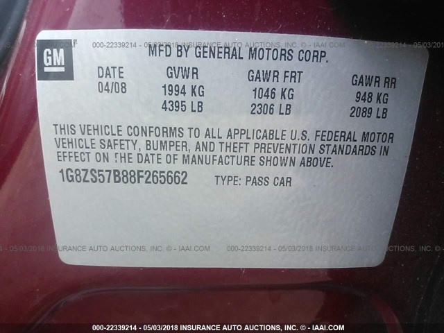 1G8ZS57B88F265662 - 2008 SATURN AURA XE BURGUNDY photo 9