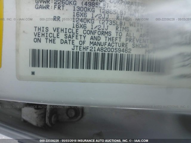 JTEHF21A820059462 - 2002 TOYOTA HIGHLANDER LIMITED WHITE photo 9