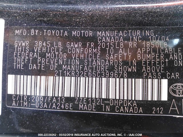 2T1KR32E65C399678 - 2005 TOYOTA COROLLA MATRIX XR BLACK photo 9