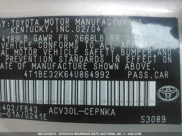 4T1BE32K64U864992 - 2004 TOYOTA CAMRY LE/XLE/SE 棕色 照片 9