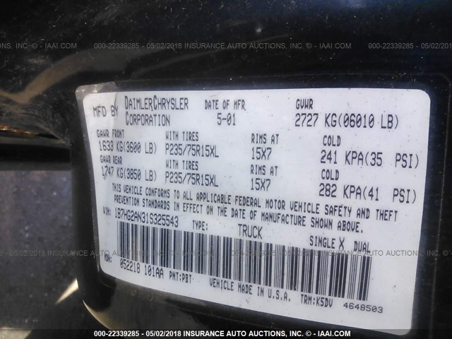 1B7HG2AN31S325543 - 2001 DODGE DAKOTA QUAD BLUE photo 9