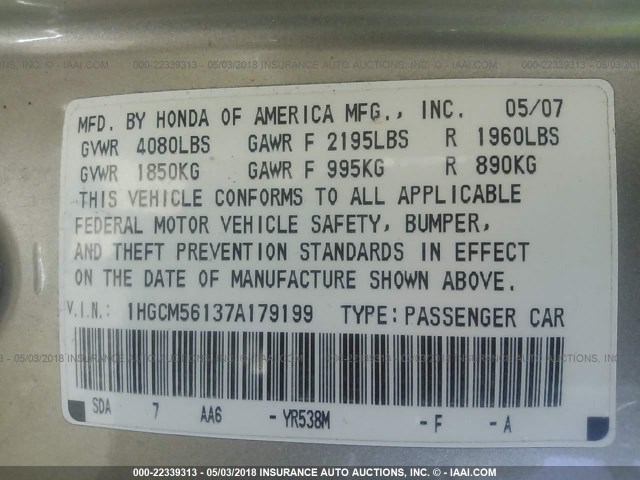 1HGCM56137A179199 - 2007 HONDA ACCORD VALUE GOLD photo 9