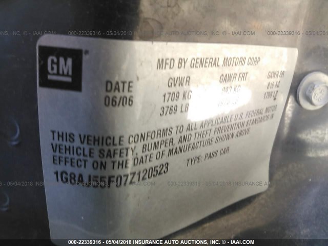 1G8AJ55F07Z120523 - 2007 SATURN ION LEVEL 2 TEAL photo 9