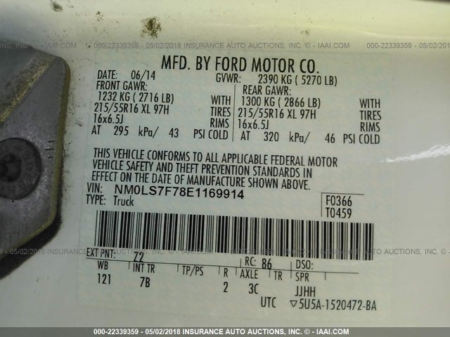 NM0LS7F78E1169914 - 2014 FORD TRANSIT CONNECT XLT WHITE photo 9