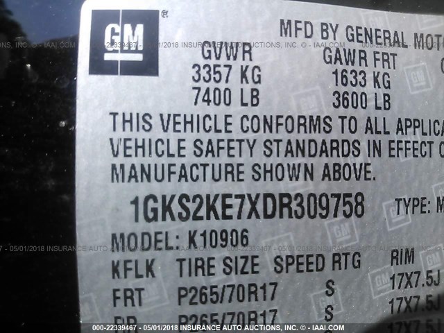 1GKS2KE7XDR309758 - 2013 GMC YUKON XL K1500 SLT BLACK photo 9