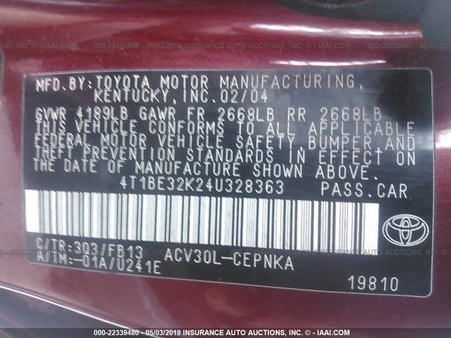4T1BE32K24U328363 - 2004 TOYOTA CAMRY LE/XLE/SE Qırmızı foto 9