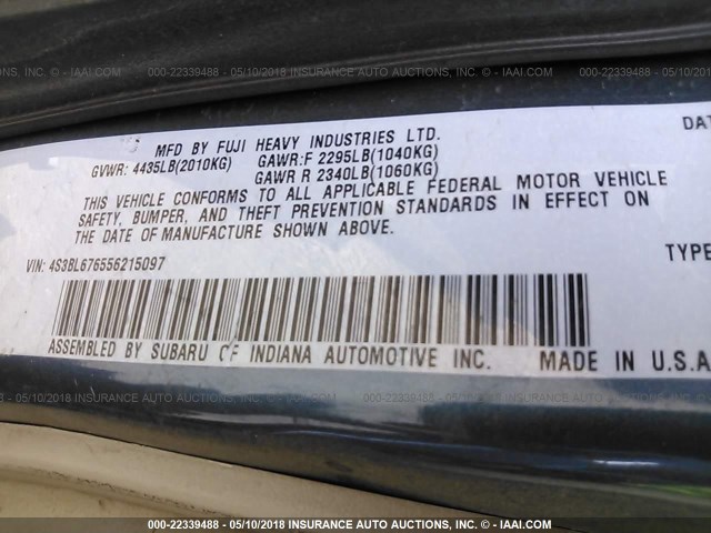 4S3BL676556215097 - 2005 SUBARU LEGACY GT LIMITED BLUE photo 9