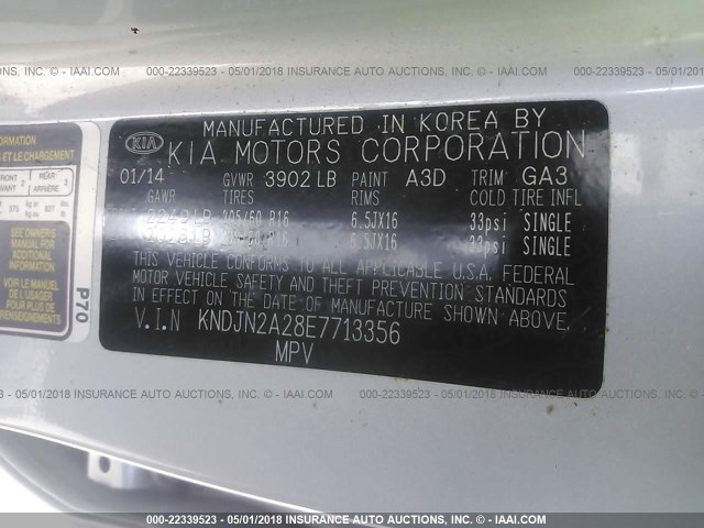 KNDJN2A28E7713356 - 2014 KIA SOUL SILVER photo 9