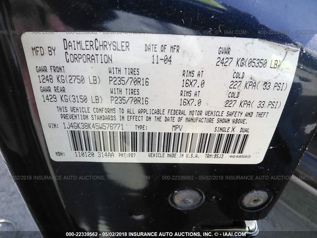 1J4GK38K45W576771 - 2005 JEEP LIBERTY RENEGADE BLUE photo 9