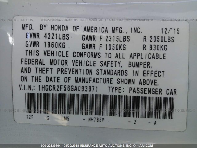 1HGCR2F56GA093971 - 2016 HONDA ACCORD SPORT 白色 照片 9