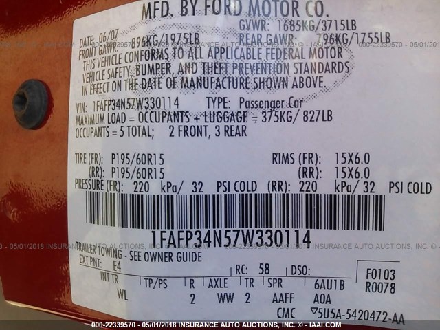 1FAFP34N57W330114 - 2007 FORD FOCUS ZX4/S/SE/SES 红色 照片 9