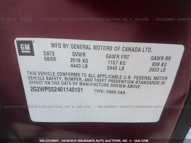 2G2WP552461140101 - 2006 PONTIAC GRAND PRIX მუქწითელი ფოტო 9