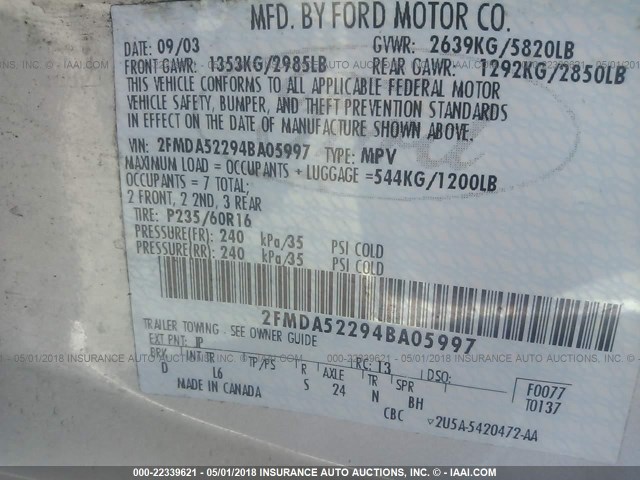 2FMDA52294BA05997 - 2004 FORD FREESTAR SEL SILVER photo 9