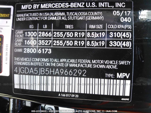 4JGDA5JB5HA966292 - 2017 MERCEDES-BENZ GLE 350 BLACK photo 9