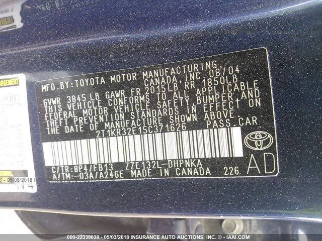 2T1KR32E15C371626 - 2005 TOYOTA COROLLA MATRIX XR BLUE photo 9