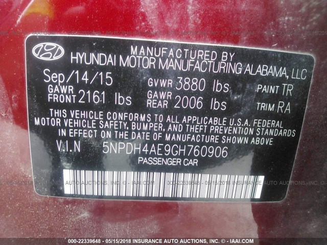 5NPDH4AE9GH760906 - 2016 HYUNDAI ELANTRA SE/SPORT/LIMITED წითელი ფოტო 9