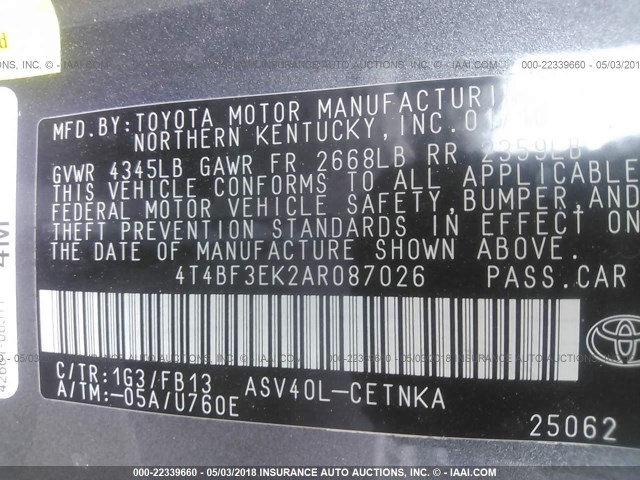 4T4BF3EK2AR087026 - 2010 TOYOTA CAMRY SE/LE/XLE GRAY photo 9