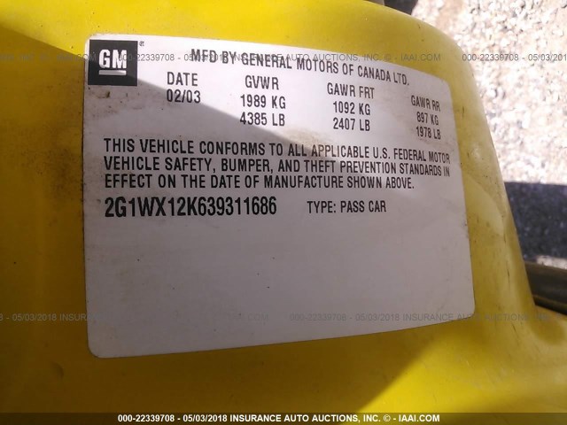 2G1WX12K639311686 - 2003 CHEVROLET MONTE CARLO SS ყვითელი ფოტო 9