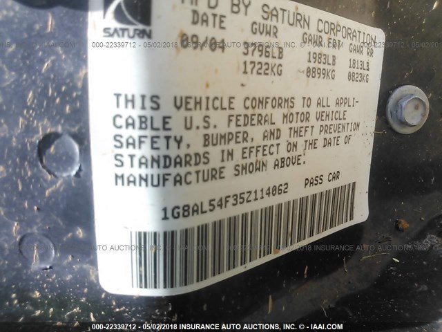 1G8AL54F35Z114062 - 2005 SATURN ION LEVEL 3 SILVER photo 9