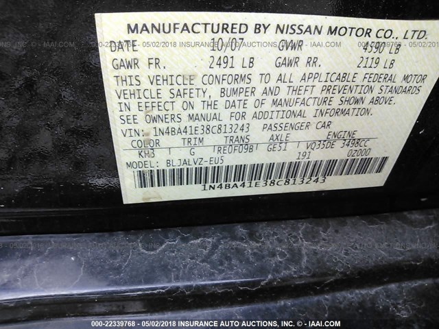 1N4BA41E38C813243 - 2008 NISSAN MAXIMA SE/SL BLACK photo 9