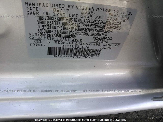 3N1CN7AP4HL899269 - 2017 NISSAN VERSA S/S PLUS/SV/SL SILVER photo 9