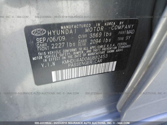 KMHDU4AD0AU882453 - 2010 HYUNDAI ELANTRA BLUE/GLS/SE GRAY photo 9