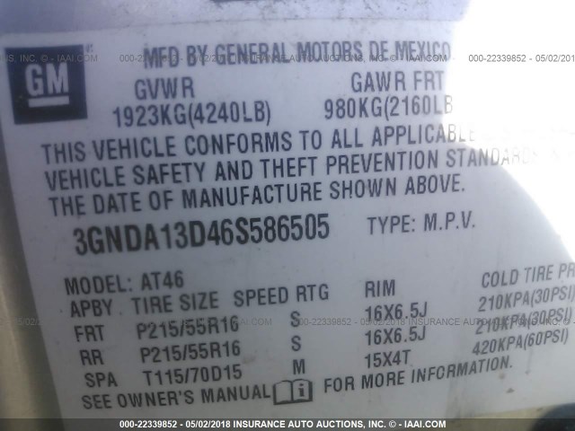 3GNDA13D46S586505 - 2006 CHEVROLET HHR LS SILVER photo 9