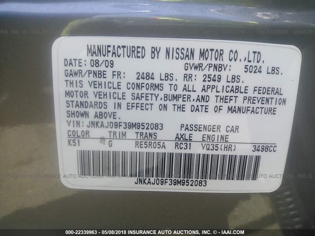 JNKAJ09F39M952083 - 2009 INFINITI EX35 JOURNEY GRAY photo 9