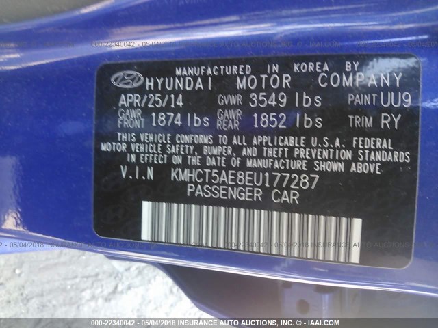 KMHCT5AE8EU177287 - 2014 HYUNDAI ACCENT GLS/GS BLUE photo 9