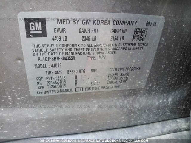 KL4CJFSB7FB043558 - 2015 BUICK ENCORE CONVENIENCE 棕色 照片 9