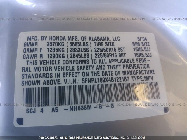 5FNRL189X4B122167 - 2004 HONDA ODYSSEY EXL ვერცხლისფერი ფოტო 9