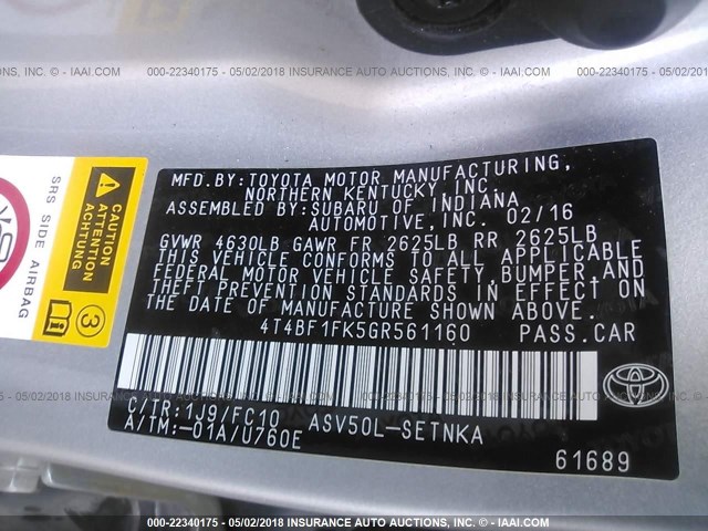 4T4BF1FK5GR561160 - 2016 TOYOTA CAMRY LE/XLE/SE/XSE 黄色 照片 9