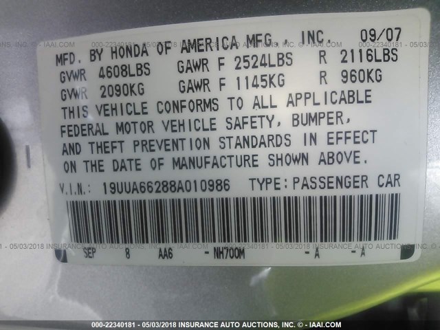 19UUA66288A010986 - 2008 ACURA TL SILVER photo 9