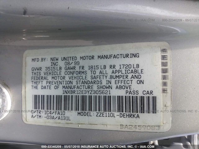 1NXBR12E3YZ305621 - 2000 TOYOTA COROLLA VE/CE/LE 银色 照片 9