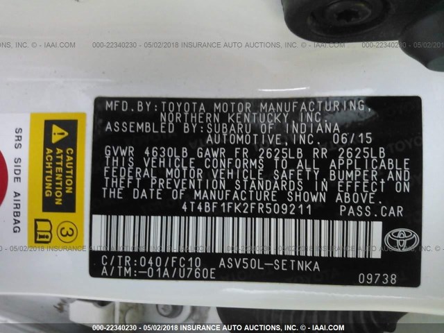 4T4BF1FK2FR509211 - 2015 TOYOTA CAMRY LE/XLE/SE/XSE WHITE photo 9