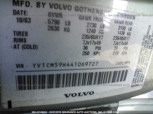 YV1CM59H441069727 - 2004 VOLVO XC90 SILVER photo 9