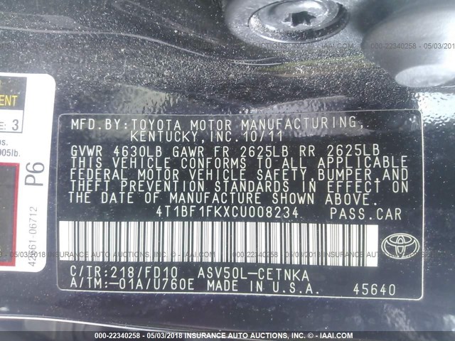 4T1BF1FKXCU008234 - 2012 TOYOTA CAMRY SE/LE/XLE შავი ფოტო 9