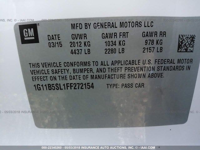 1G11B5SL1FF272154 - 2015 CHEVROLET MALIBU LS WHITE photo 9