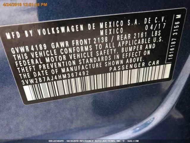 3VW2B7AJ4HM367492 - 2017 VOLKSWAGEN JETTA S 蓝色 照片 15