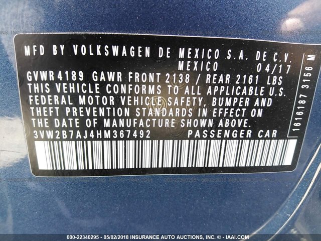3VW2B7AJ4HM367492 - 2017 VOLKSWAGEN JETTA S 蓝色 照片 9