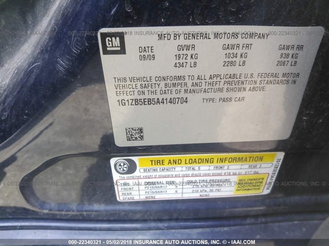 1G1ZB5EB5A4140704 - 2010 CHEVROLET MALIBU LS 蓝色 照片 9