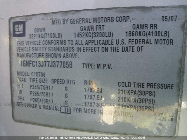 1GNFC13J77J377058 - 2007 CHEVROLET TAHOE C1500 SILVER photo 9