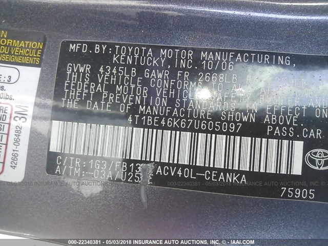 4T1BE46K67U605097 - 2007 TOYOTA CAMRY NEW GENERAT CE/LE/XLE/SE GRAY photo 9