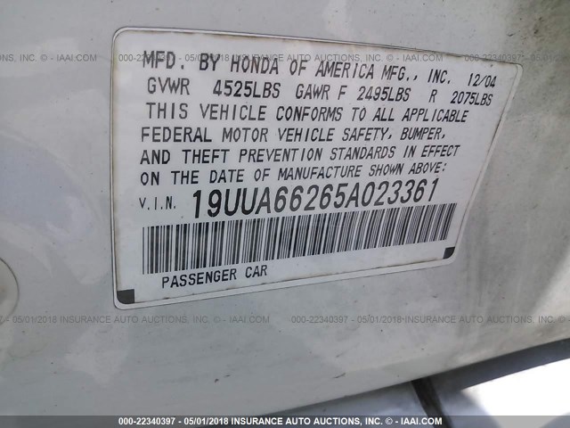 19UUA66265A023361 - 2005 ACURA TL WHITE photo 9