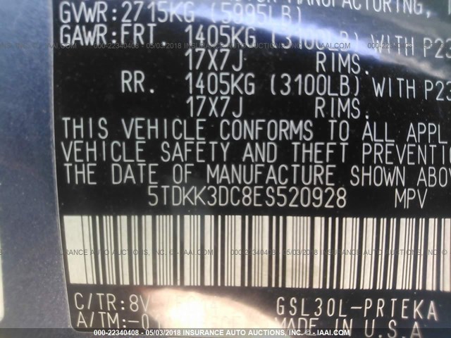 5TDKK3DC8ES520928 - 2014 TOYOTA SIENNA LE 蓝色 照片 9